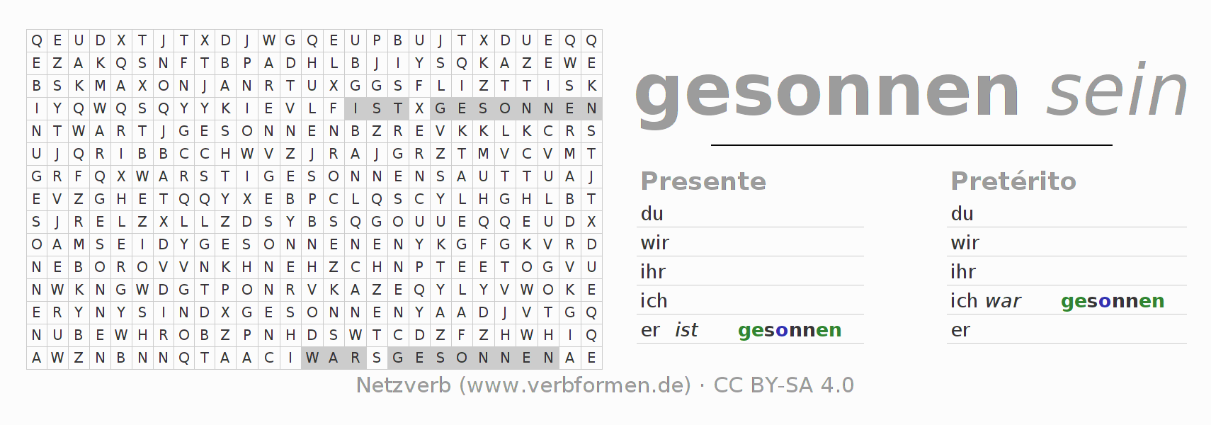 Juego de palabras cruzadas para la conjugación del verbo sinnen