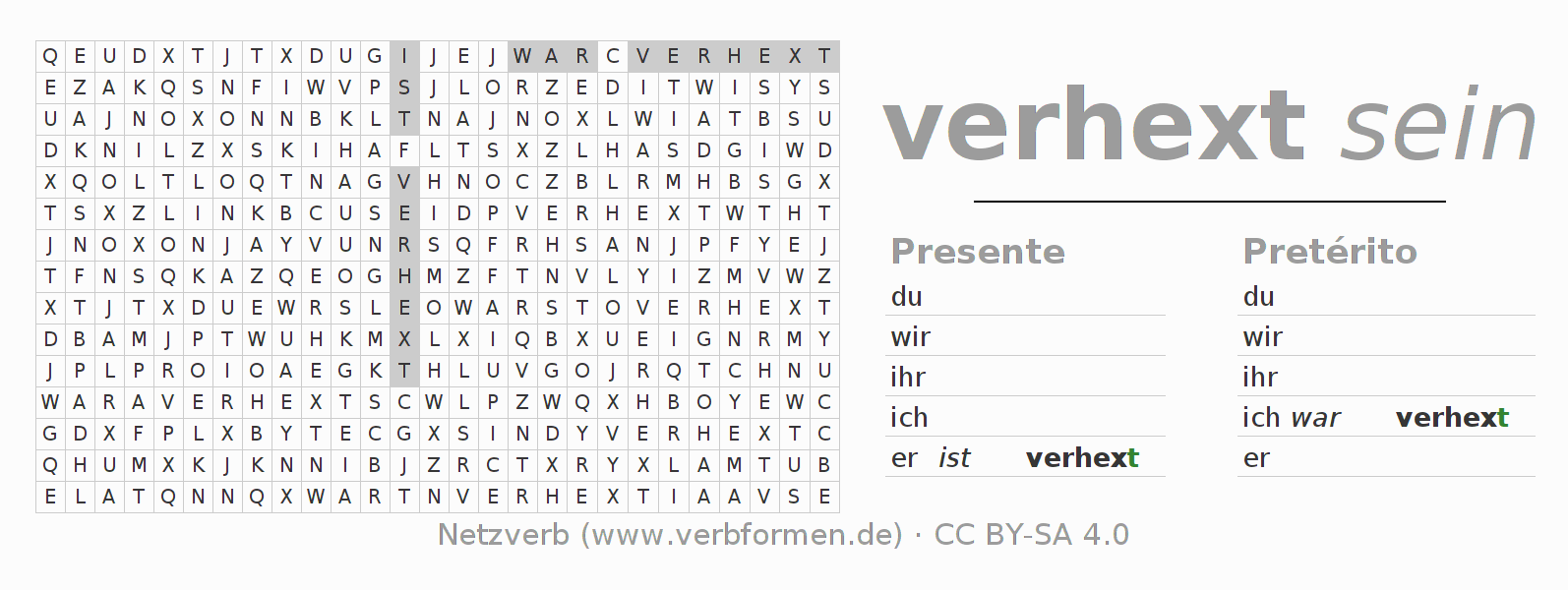 Juego de palabras cruzadas para la conjugación del verbo verhexen