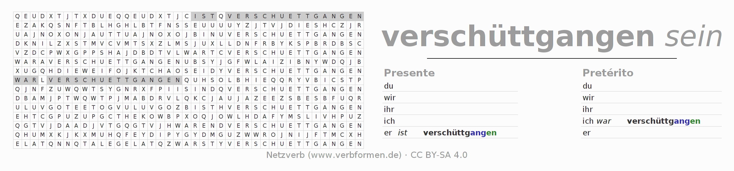 Juego de palabras cruzadas para la conjugación del verbo verschüttgehen