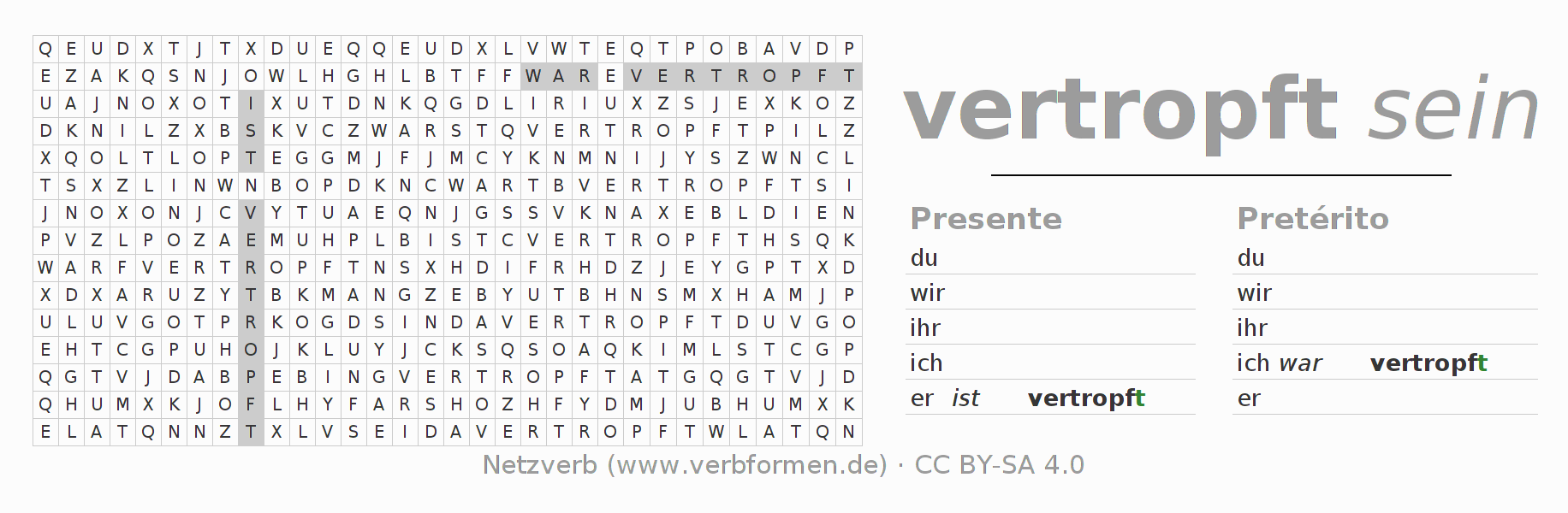 Juego de palabras cruzadas para la conjugación del verbo vertropfen (ist)