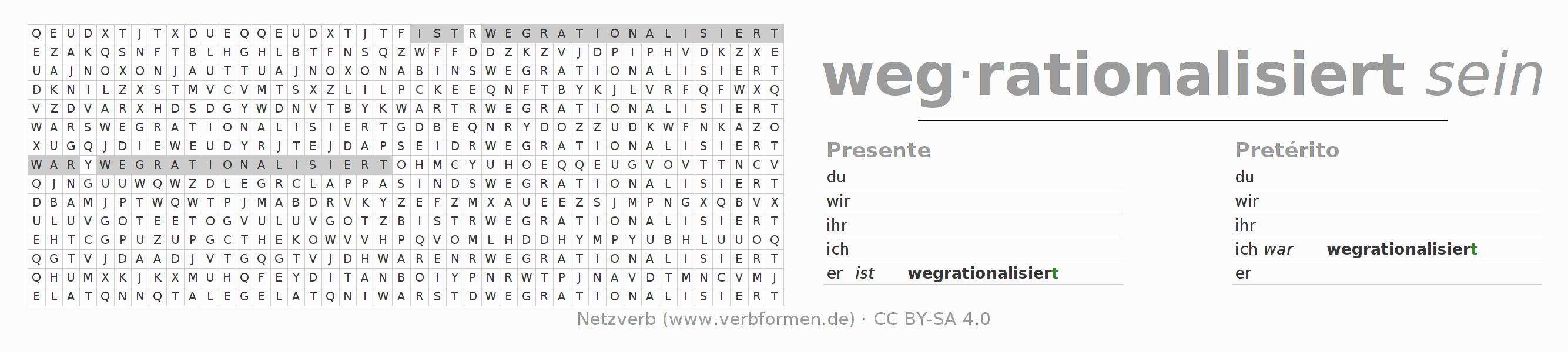 Juego de palabras cruzadas para la conjugación del verbo wegrationalisieren