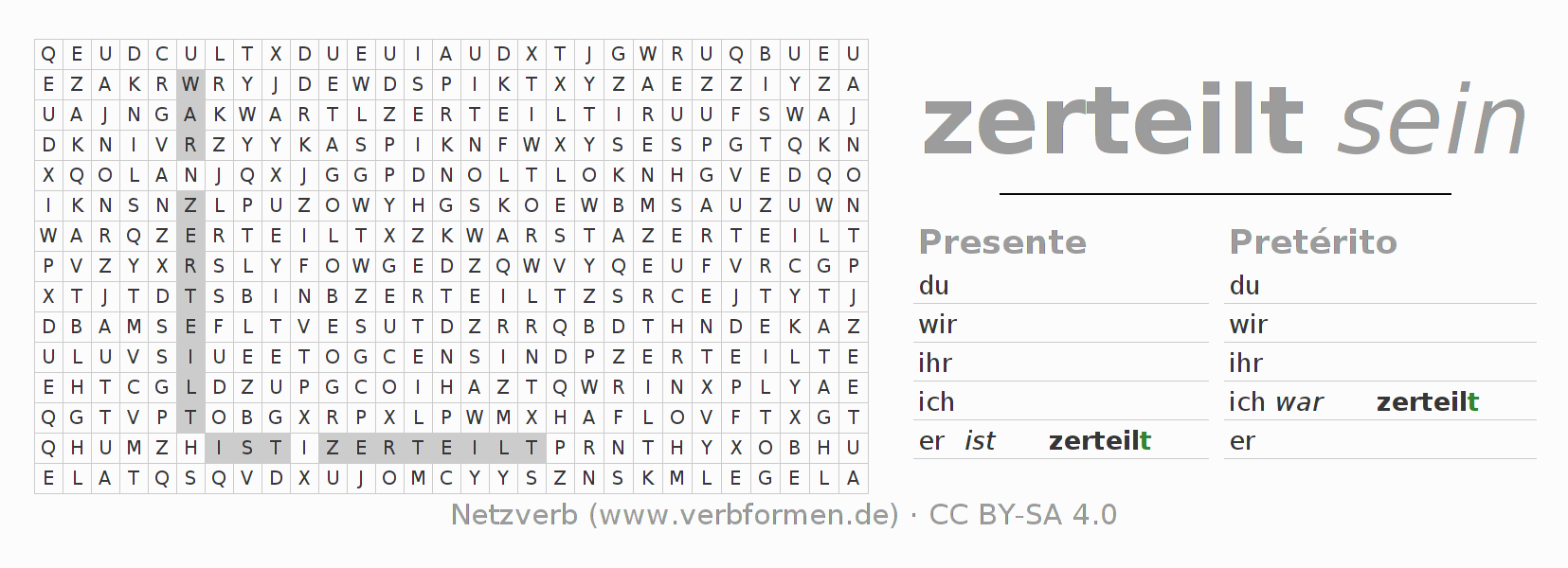 Juego de palabras cruzadas para la conjugación del verbo zerteilen