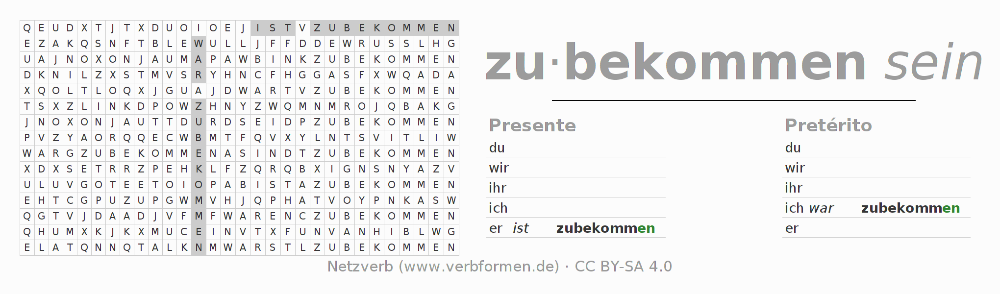 Juego de palabras cruzadas para la conjugación del verbo zubekommen