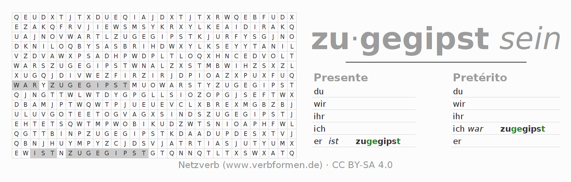 Juego de palabras cruzadas para la conjugación del verbo zugipsen