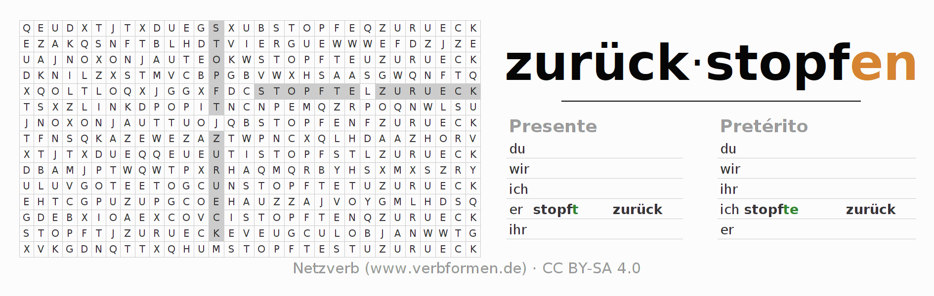 Juego de palabras cruzadas para la conjugación del verbo zurückstopfen